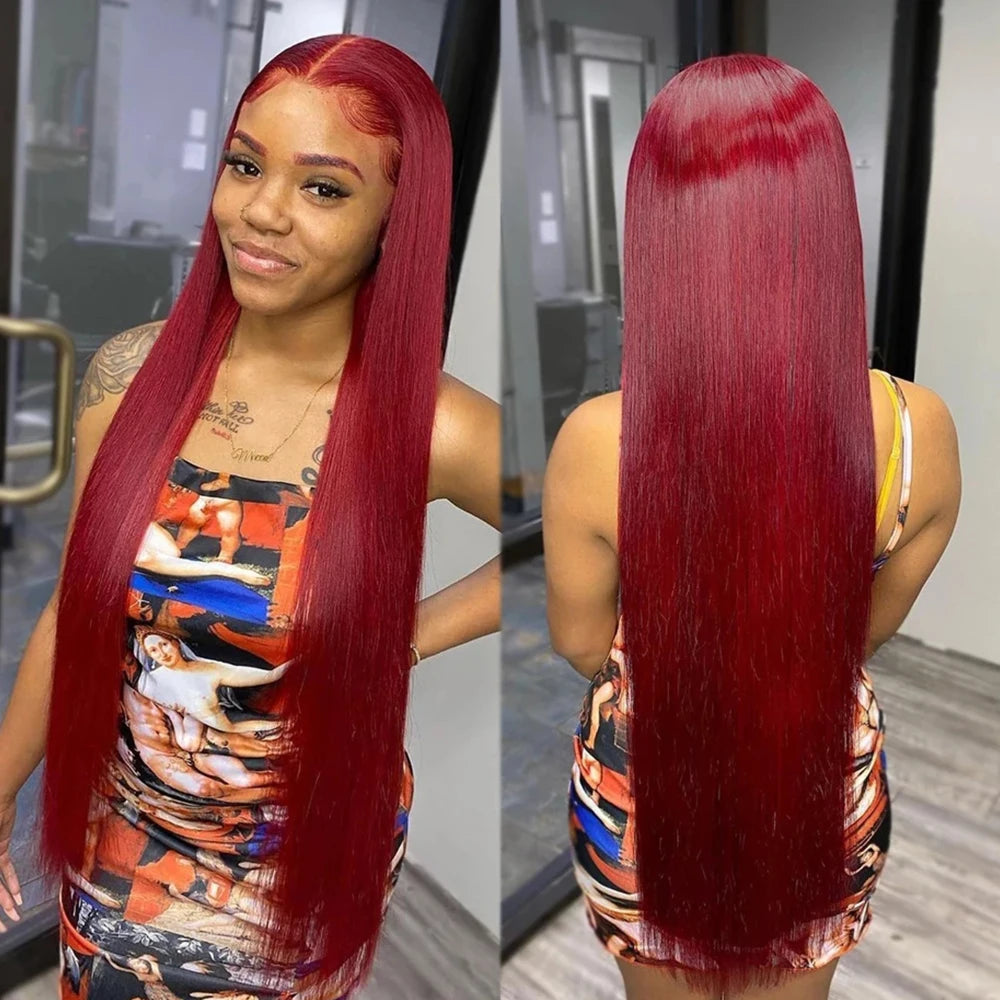250% 30 36 Inch Burgundy 13x6 Hd Lace Frontal Human Hair Wig Wear & Go Glueless Silky Bone Straight 99J Colored Lace Front Wigs