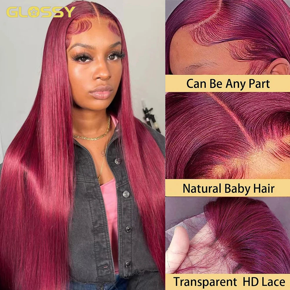 250% 30 36 Inch Burgundy 13x6 Hd Lace Frontal Human Hair Wig Wear & Go Glueless Silky Bone Straight 99J Colored Lace Front Wigs