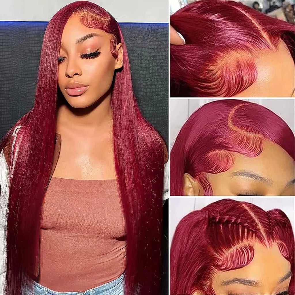 250% 30 36 Inch Burgundy 13x6 Hd Lace Frontal Human Hair Wig Wear & Go Glueless Silky Bone Straight 99J Colored Lace Front Wigs
