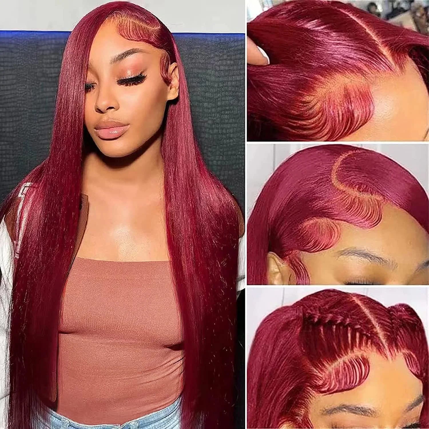 250% 30 36 Inch Burgundy 13x6 Hd Lace Frontal Human Hair Wig Wear & Go Glueless Silky Bone Straight 99J Colored Lace Front Wigs
