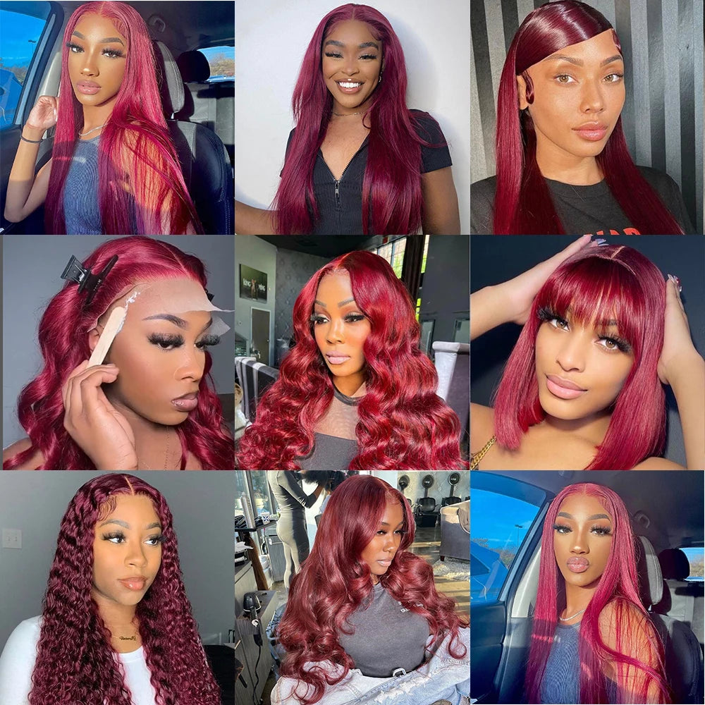 250% 30 36 Inch Burgundy 13x6 Hd Lace Frontal Human Hair Wig Wear & Go Glueless Silky Bone Straight 99J Colored Lace Front Wigs