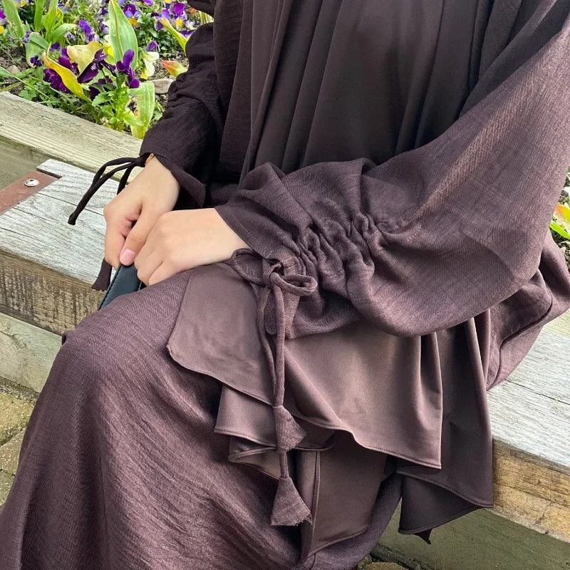 2024 Saudi Arabia Muslim Women Modest Dress Eid Dubai Plain Abaya Islamic Holiday Party Solid Turkey Lace-up Cuffs Long Clothes