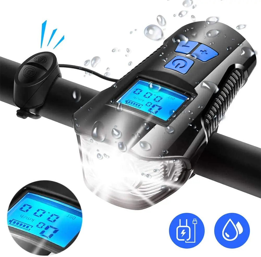 Bike Light Set,Bicycle Headlight with Horn and Speedometer Odometer,USB Rechargeable Bike Front Light and Tail Light