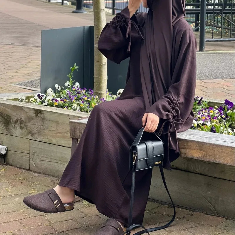 2024 Saudi Arabia Muslim Women Modest Dress Eid Dubai Plain Abaya Islamic Holiday Party Solid Turkey Lace-up Cuffs Long Clothes