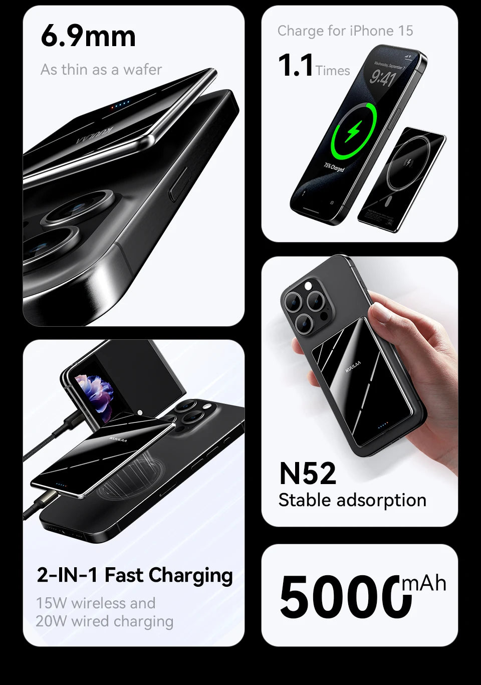 KUULAA Magnetic Power Bank 5000mAh Slim Wireless External Battery 20W Fast Charging for MagSafe Powerbank for iPhone 16 15 14 13