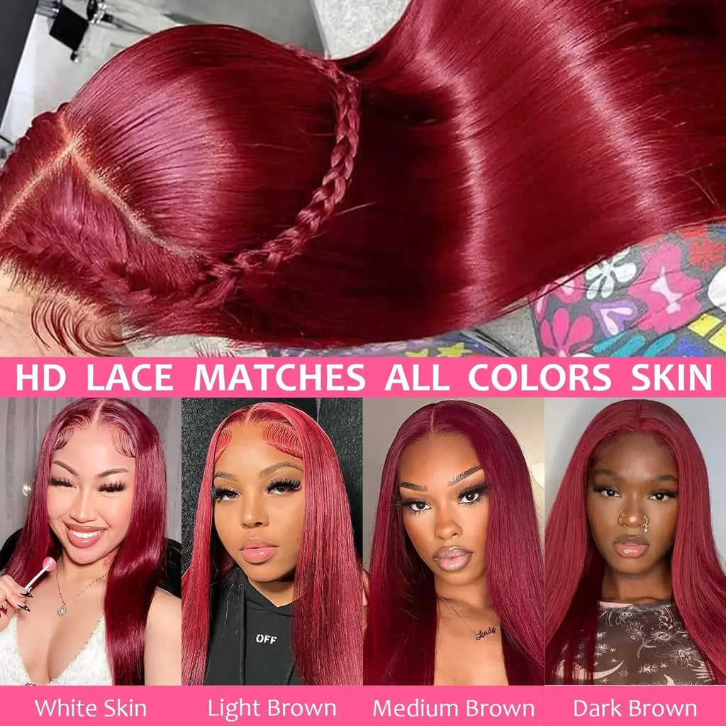 250% 30 36 Inch Burgundy 13x6 Hd Lace Frontal Human Hair Wig Wear & Go Glueless Silky Bone Straight 99J Colored Lace Front Wigs