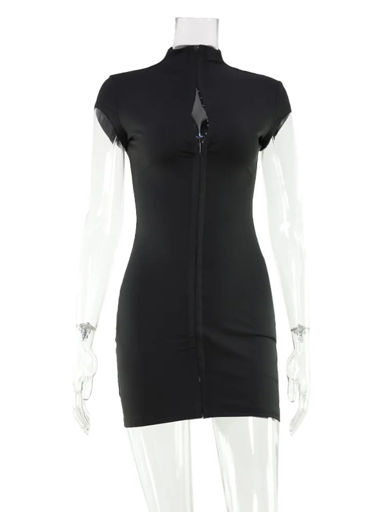 Ahagaga Sexy Club Women's Mini Dress Solid Half Turtleneck Short Sleeves Sheath Streetwear Single Breasted Bodycon Vestidos