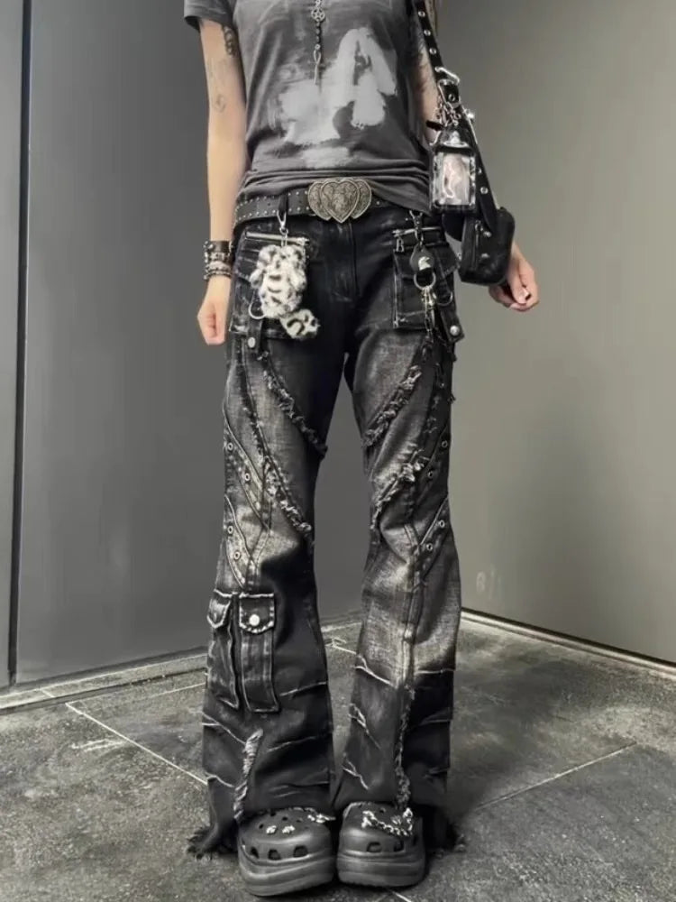 2025 Autumn Winter Women's Denim Pants Dark Academia Cargo Jean Flared Bell Bottom Designer Kpop Japanese Y2k 2000s Goblin Core