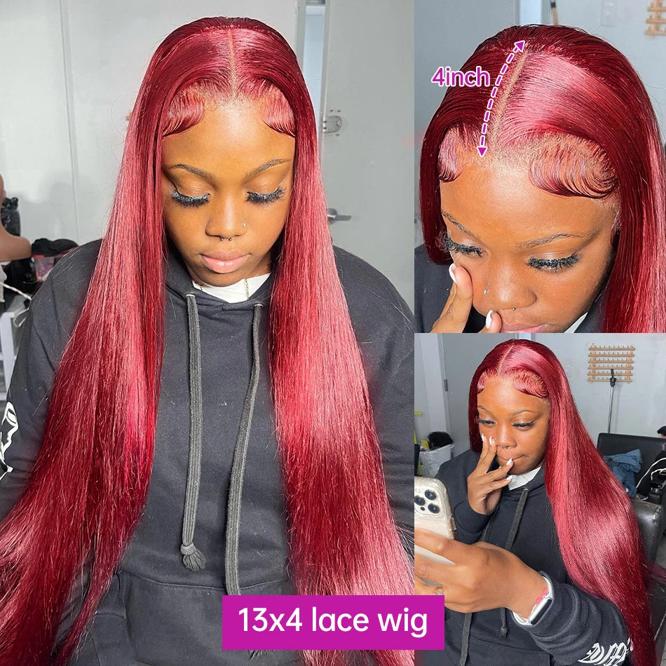 250% 30 36 Inch Burgundy 13x6 Hd Lace Frontal Human Hair Wig Wear & Go Glueless Silky Bone Straight 99J Colored Lace Front Wigs