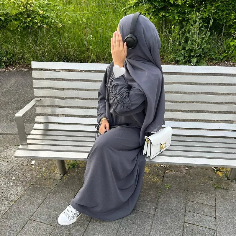 2024 Saudi Arabia Muslim Women Modest Dress Eid Dubai Plain Abaya Islamic Holiday Party Solid Turkey Lace-up Cuffs Long Clothes