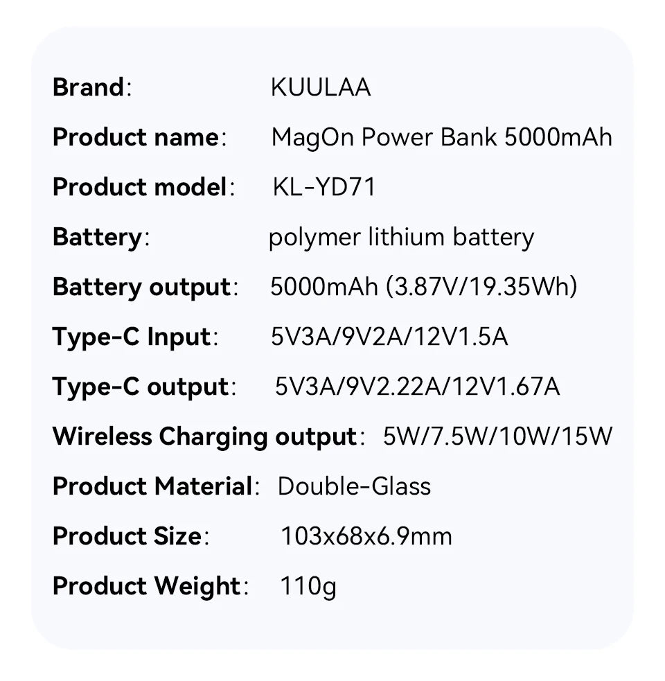 KUULAA Magnetic Power Bank 5000mAh Slim Wireless External Battery 20W Fast Charging for MagSafe Powerbank for iPhone 16 15 14 13