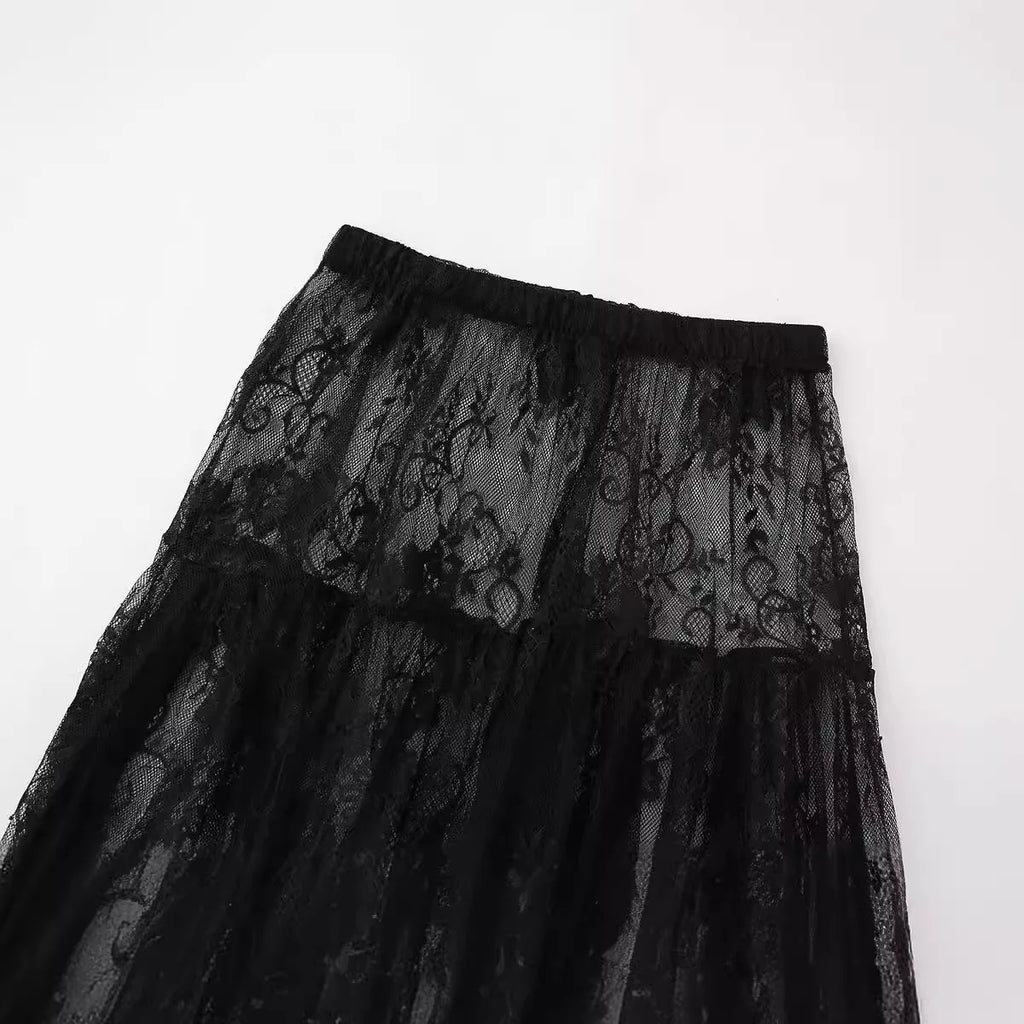 Black Lace Mesh Skirt Women's High Waist Midi Skirt Tulle Long Skirt Women's Translucent Party Women's Sexy Skirt 2024
