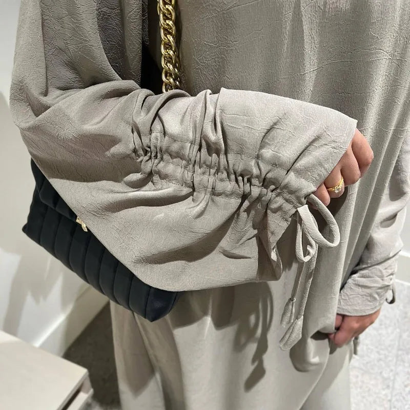 2024 Saudi Arabia Muslim Women Modest Dress Eid Dubai Plain Abaya Islamic Holiday Party Solid Turkey Lace-up Cuffs Long Clothes