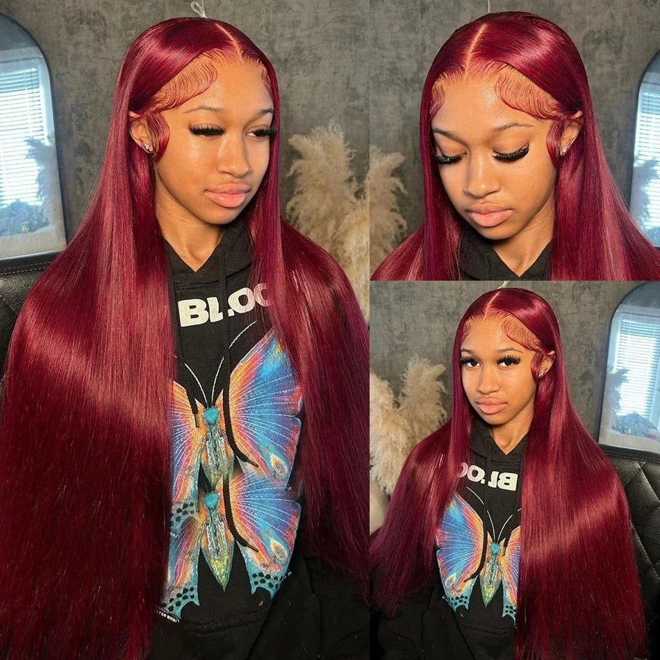 250% 30 36 Inch Burgundy 13x6 Hd Lace Frontal Human Hair Wig Wear & Go Glueless Silky Bone Straight 99J Colored Lace Front Wigs