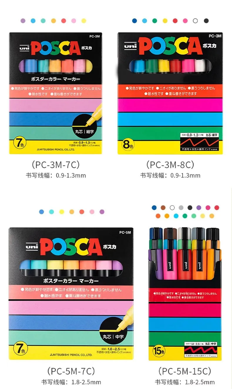 Uni POSCA Marker Hot Sale Combine Full Set PC-1M/3M/5M/8K/17K Non-Toxic Permanent Manga pinturas con pigmentación posca rotulado