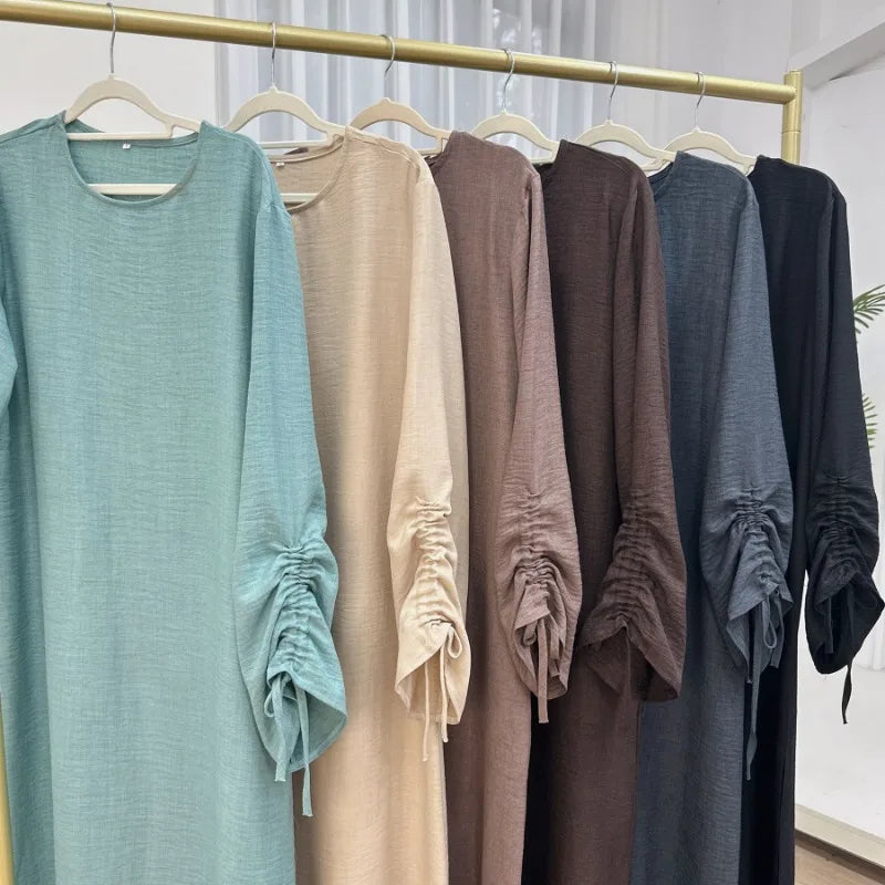 2024 Saudi Arabia Muslim Women Modest Dress Eid Dubai Plain Abaya Islamic Holiday Party Solid Turkey Lace-up Cuffs Long Clothes