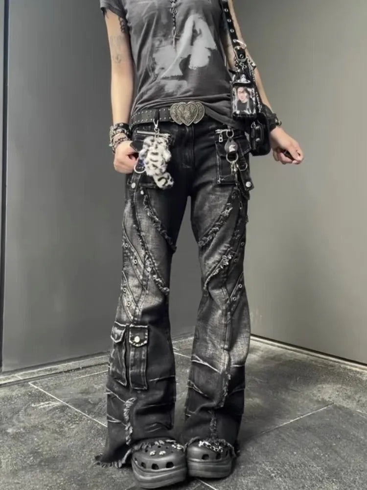 2025 Autumn Winter Women's Denim Pants Dark Academia Cargo Jean Flared Bell Bottom Designer Kpop Japanese Y2k 2000s Goblin Core