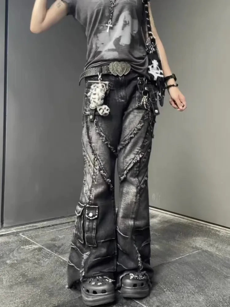 2025 Autumn Winter Women's Denim Pants Dark Academia Cargo Jean Flared Bell Bottom Designer Kpop Japanese Y2k 2000s Goblin Core