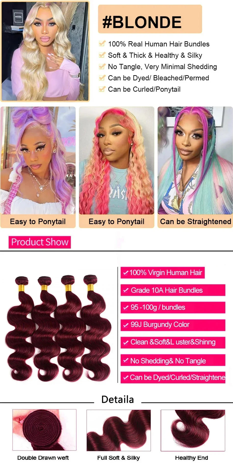 16A 40 Inches Blonde 613 Body Wave Human Hair Bundles Burgundy Body Wave Human Hair Bundles Colored Weave Human Hair Extensions