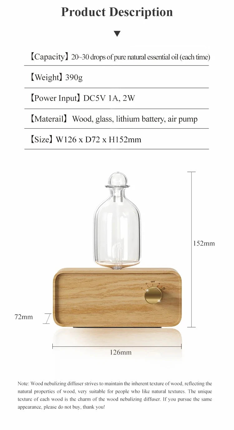 Glass Essential Oil Diffuser Wood Grain Base Air Aroma Diffuser 2600mAh Professional Machine Nebulizer For Home Office Room