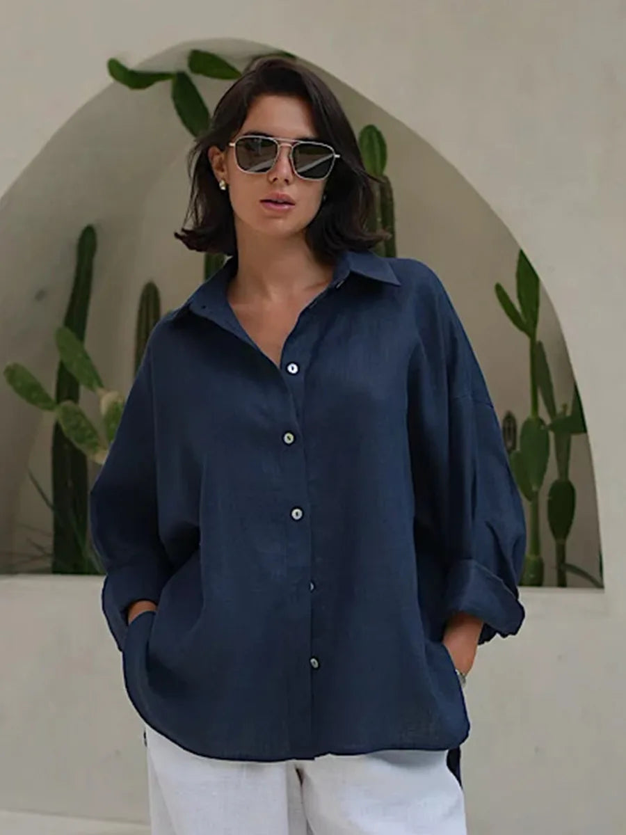 Bornladies 100% Cotton Spring Summer Versatile Lazy Casual Shirt Women's Fashionable Solid Color Loose Shirt Cardigan Shirt