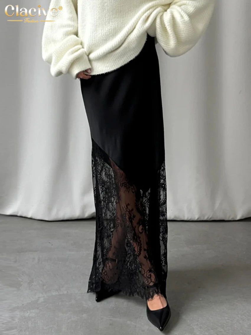 Clacive Fashion Loose Black Satin Patchwork Women Skirt Casual High Waist Ankle Length Skirts Elegant Classic Skirt Female Cloth