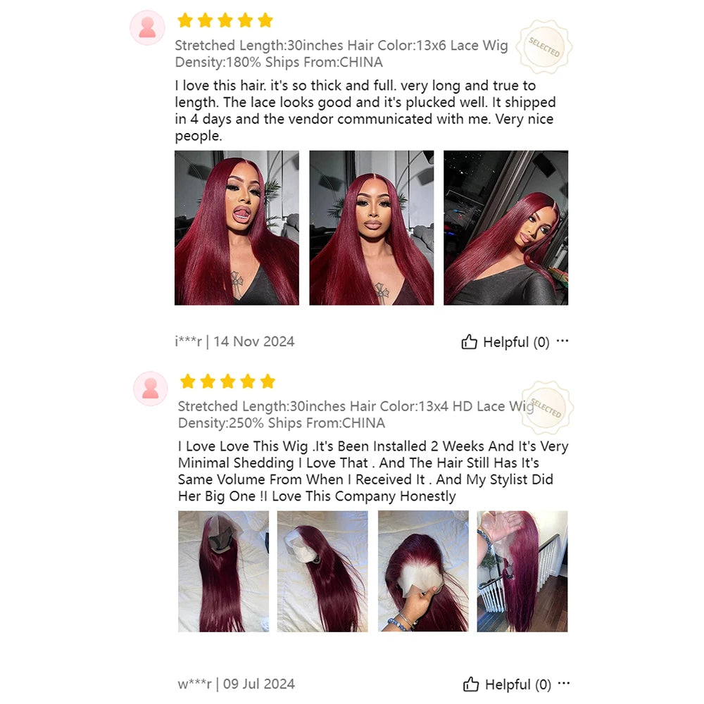 250% 30 36 Inch Burgundy 13x6 Hd Lace Frontal Human Hair Wig Wear & Go Glueless Silky Bone Straight 99J Colored Lace Front Wigs
