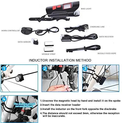 Bike Light Set,Bicycle Headlight with Horn and Speedometer Odometer,USB Rechargeable Bike Front Light and Tail Light