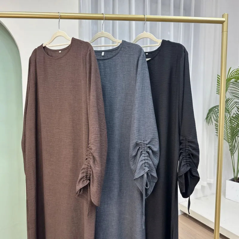 2024 Saudi Arabia Muslim Women Modest Dress Eid Dubai Plain Abaya Islamic Holiday Party Solid Turkey Lace-up Cuffs Long Clothes