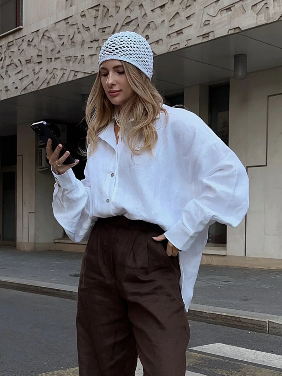 Bornladies 100% Cotton Spring Summer Versatile Lazy Casual Shirt Women's Fashionable Solid Color Loose Shirt Cardigan Shirt