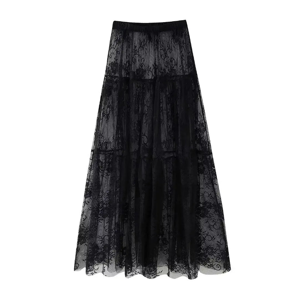 Black Lace Mesh Skirt Women's High Waist Midi Skirt Tulle Long Skirt Women's Translucent Party Women's Sexy Skirt 2024