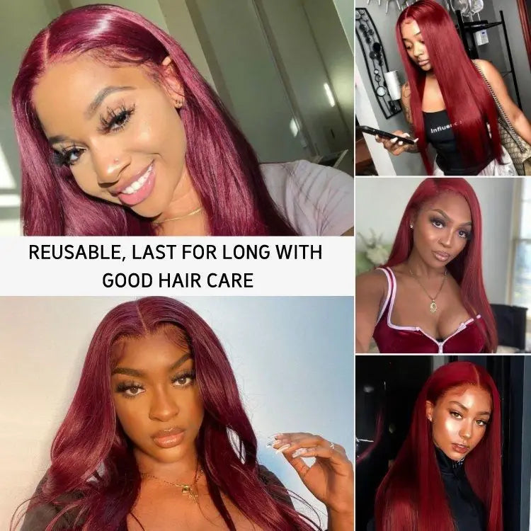 250% 30 36 Inch Burgundy 13x6 Hd Lace Frontal Human Hair Wig Wear & Go Glueless Silky Bone Straight 99J Colored Lace Front Wigs