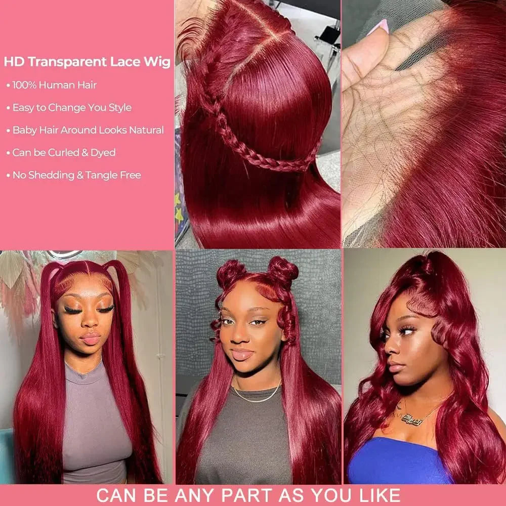 250% 30 36 Inch Burgundy 13x6 Hd Lace Frontal Human Hair Wig Wear & Go Glueless Silky Bone Straight 99J Colored Lace Front Wigs
