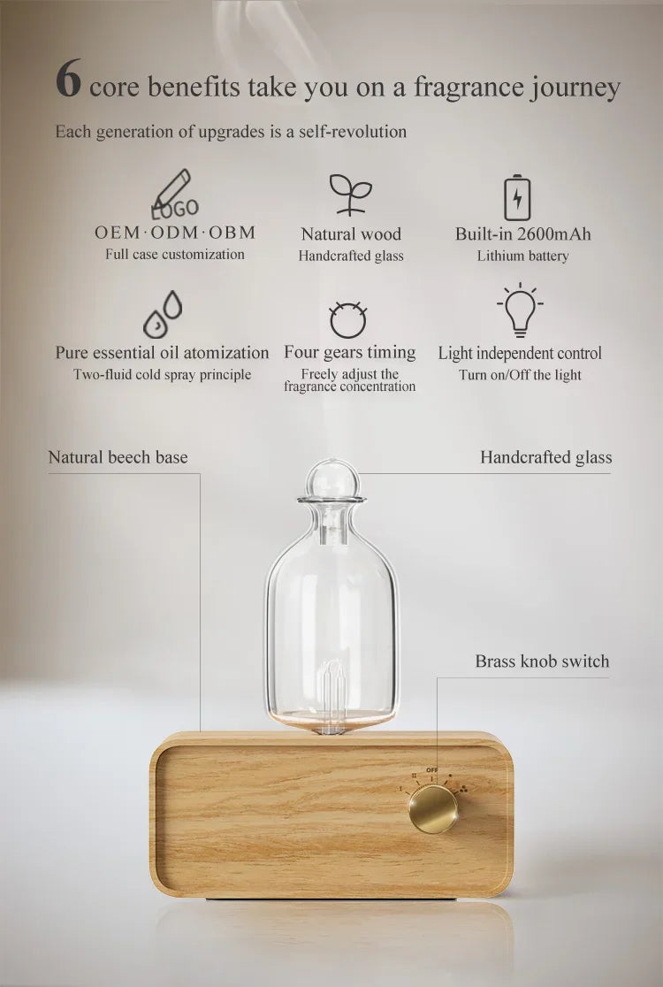 Glass Essential Oil Diffuser Wood Grain Base Air Aroma Diffuser 2600mAh Professional Machine Nebulizer For Home Office Room