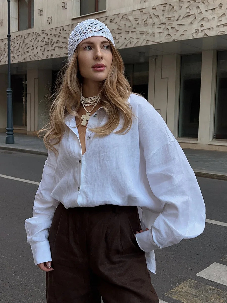 Bornladies 100% Cotton Spring Summer Versatile Lazy Casual Shirt Women's Fashionable Solid Color Loose Shirt Cardigan Shirt