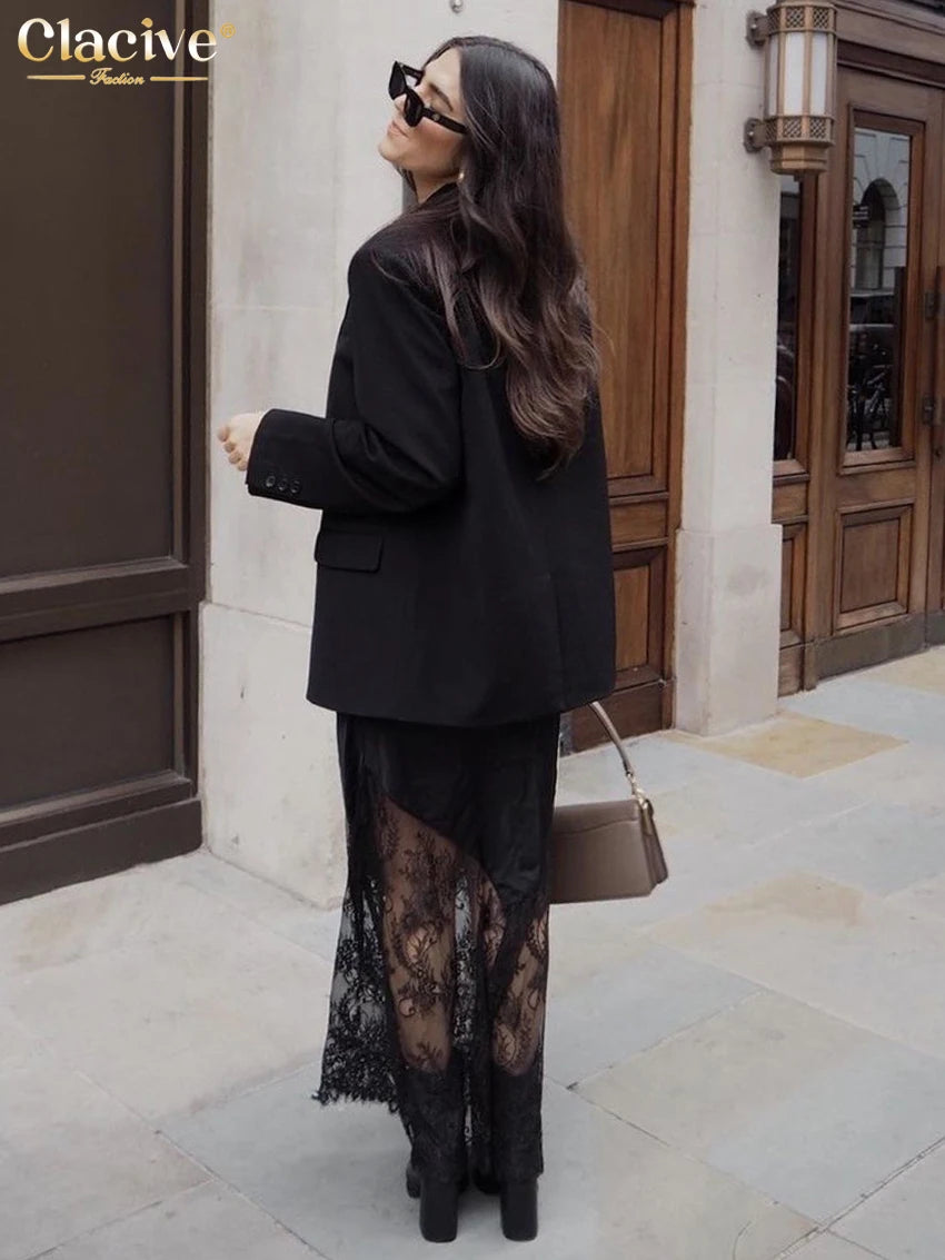 Clacive Fashion Loose Black Satin Patchwork Women Skirt Casual High Waist Ankle Length Skirts Elegant Classic Skirt Female Cloth