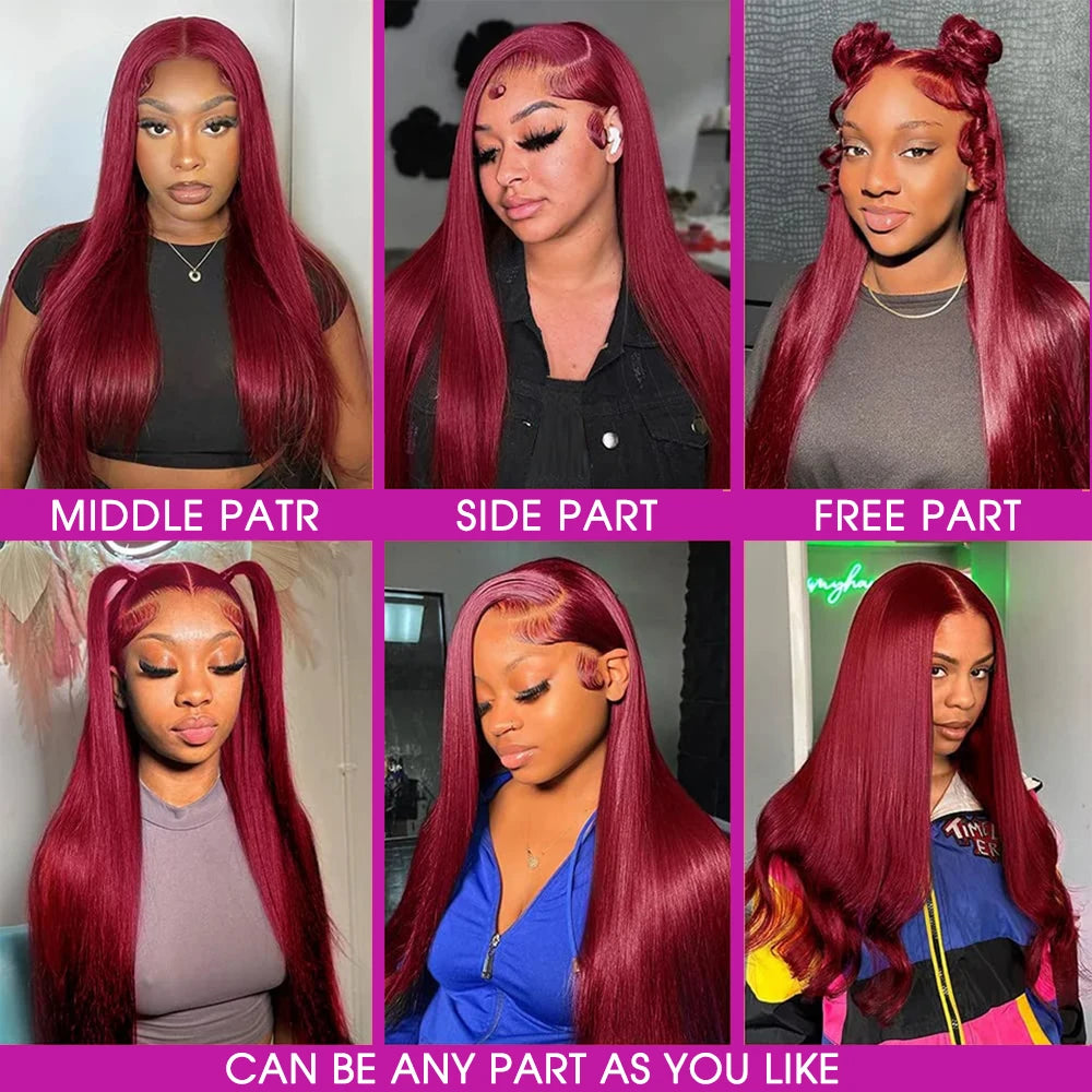 250% 30 36 Inch Burgundy 13x6 Hd Lace Frontal Human Hair Wig Wear & Go Glueless Silky Bone Straight 99J Colored Lace Front Wigs