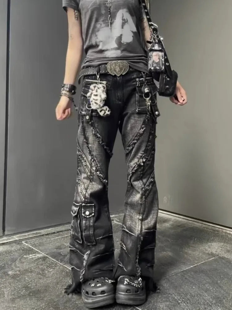 2025 Autumn Winter Women's Denim Pants Dark Academia Cargo Jean Flared Bell Bottom Designer Kpop Japanese Y2k 2000s Goblin Core