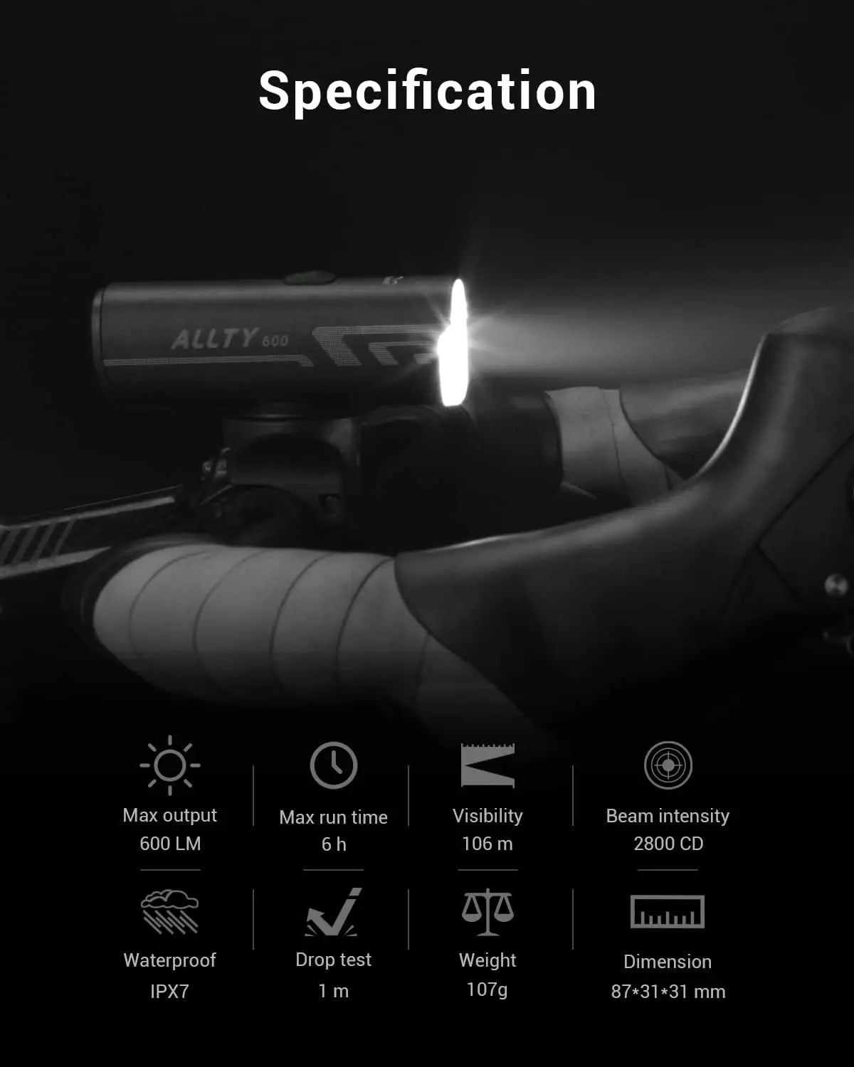 Bike Lights Allty 600 Road Bike Light, USB Type-C Rechargeable, IPX7 Waterproof LED Bike Light for Road, Urban